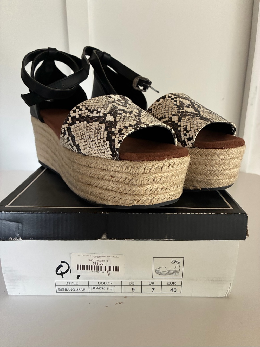 Qupid Snake-Print Espadrille Platform Sandal with Black Ankle Strap
